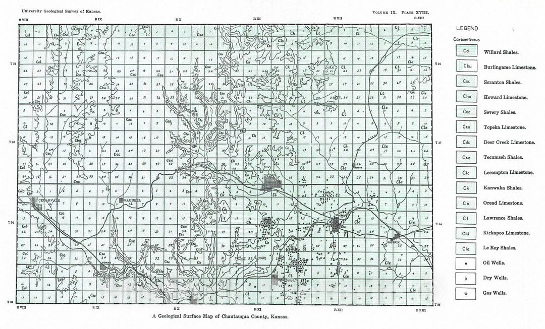 Historic Map : 1908 A Geological Surface Map of Chautauqua County, Kansas : Vintage Wall Art