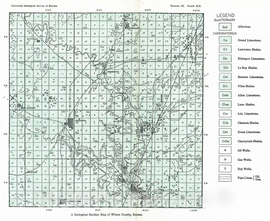 Historic Map : 1908 A Geological Surface Map of Wilson County, Kansas : Vintage Wall Art