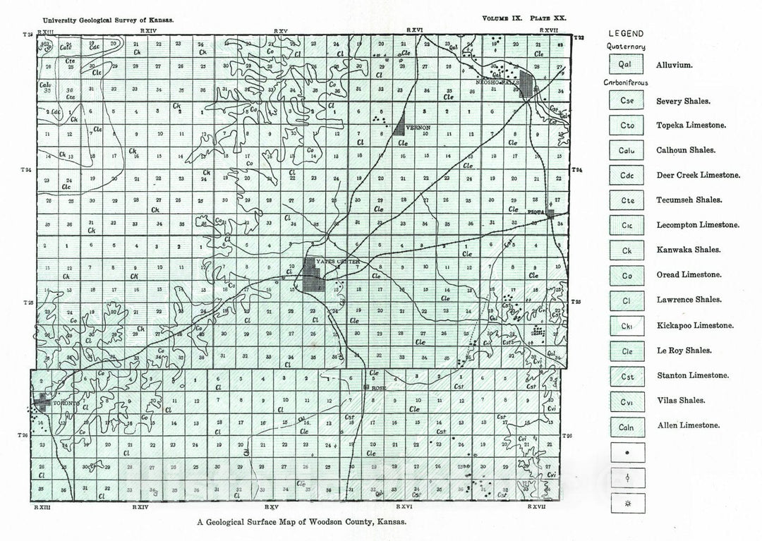 Historic Map : 1908 A Geological Surface Map of Woodson County, Kansas : Vintage Wall Art