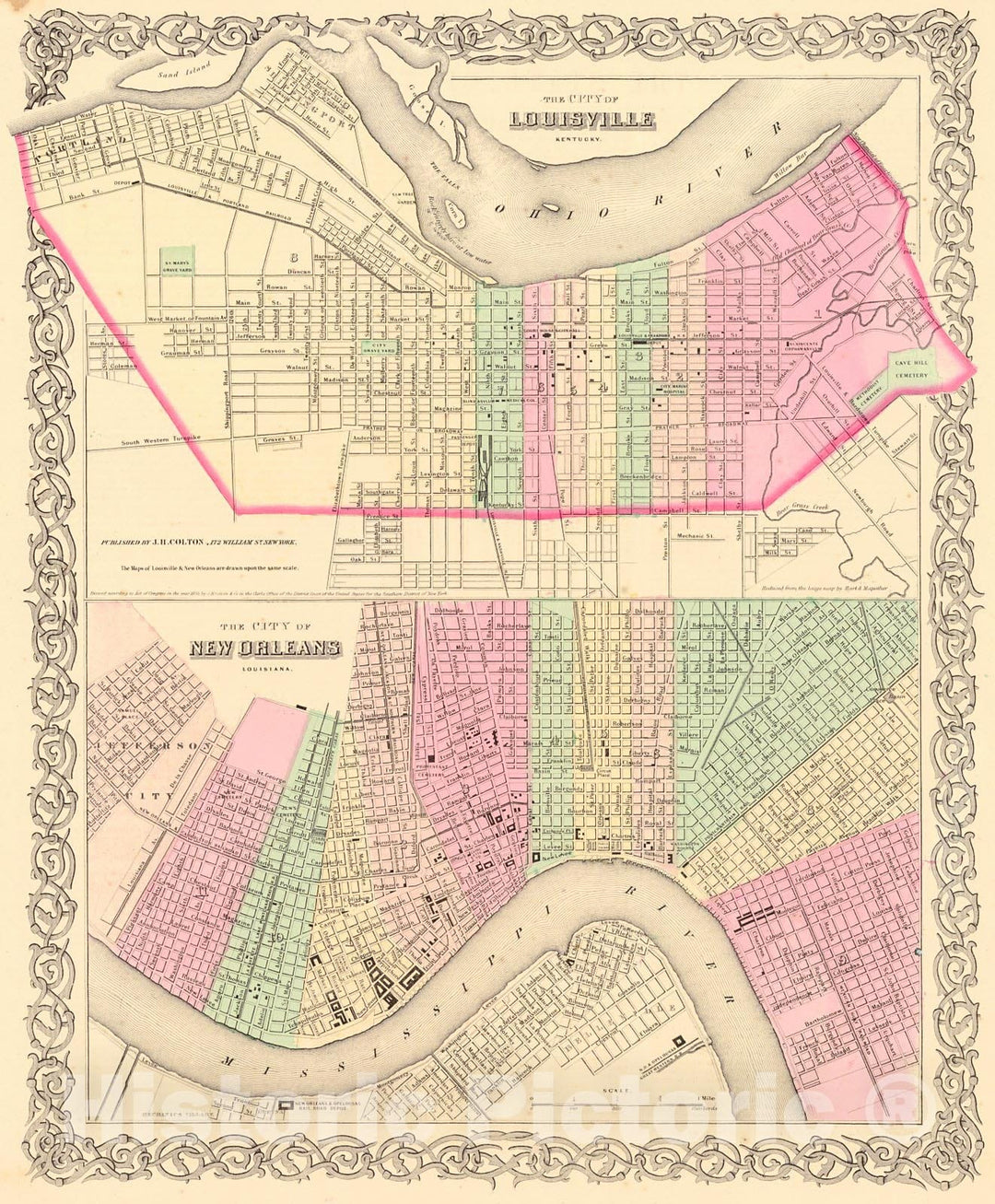 Historic Map : 1855 The City of Louisvile, Kentucky [and] The City of New Orleans Louisiana : Vintage Wall Art