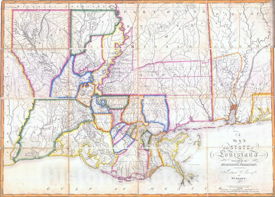 Historic Map : 1816 A Map of the State of Louisiana with part of the Mississippi Territory : Vintage Wall Art