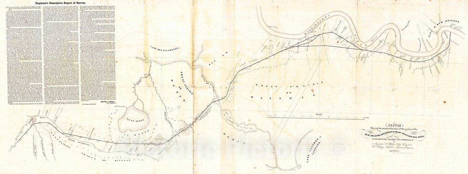 Historic Map : 1852 Sketch Showing the proposed location of the portion of the New Orleans, Opelousas, and Great Western Rail Way between Algiers and Thibodaux : Vintage Wall Art