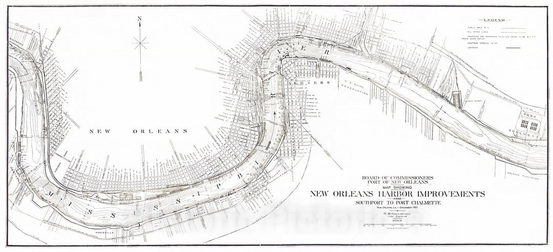 Historic Map : 1921 Map showing New Orleans harbor improvements from Southport to Port Chalmette / drawn by Robert H. Scott  : Vintage Wall Art