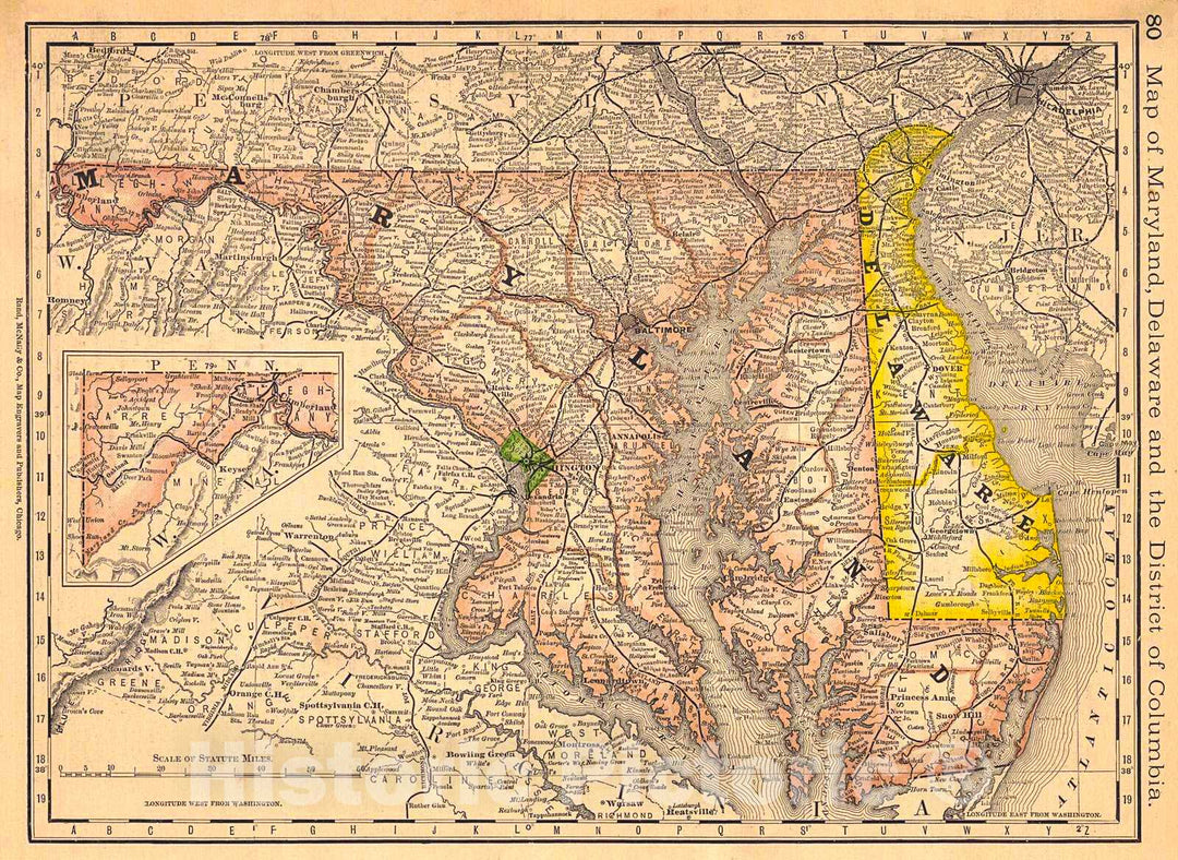 Historic Map : 1881 Map of Maryland, Delaware, and the District of Columbia : Vintage Wall Art