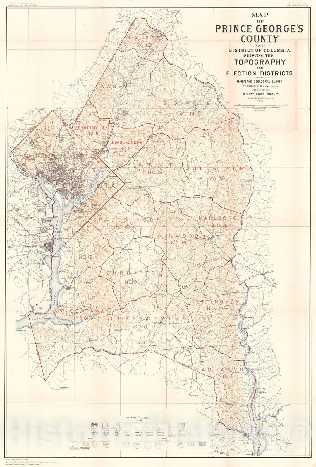 Historic Map : 1903 Map of Prince George's County County and the District of Columbia Showing the Topography and Election Districts : Vintage Wall Art