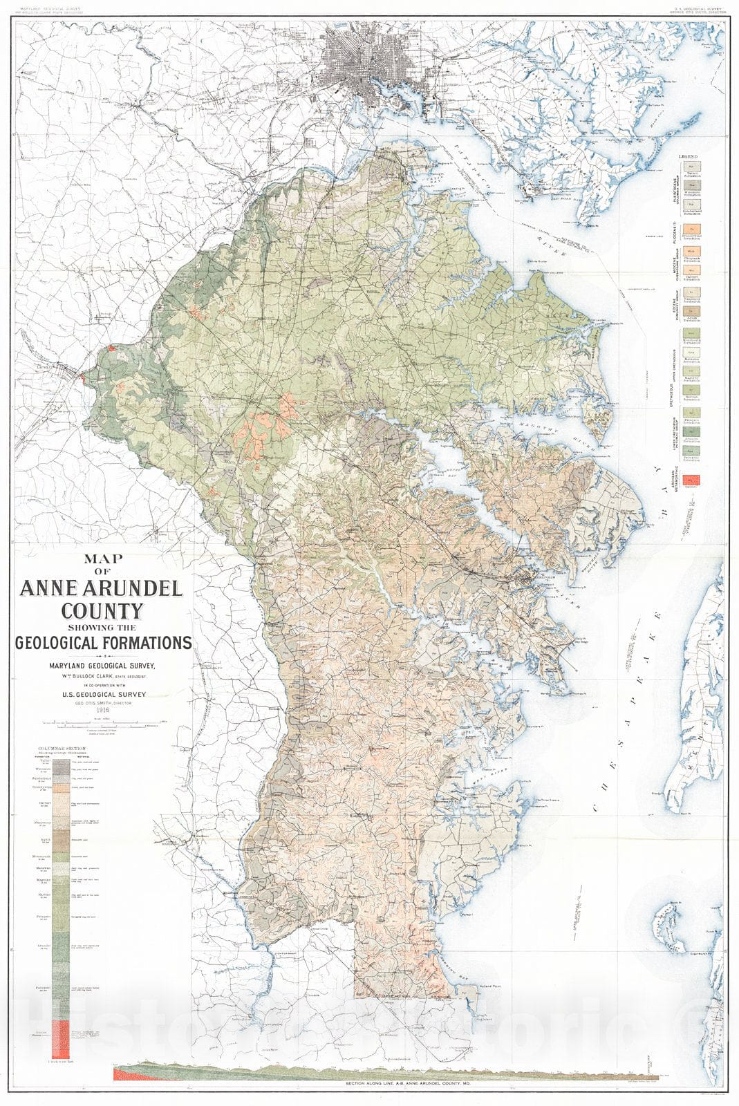 Historic Map : 1916 Map of Anne Arundel County Showing the Geological Formations : Vintage Wall Art