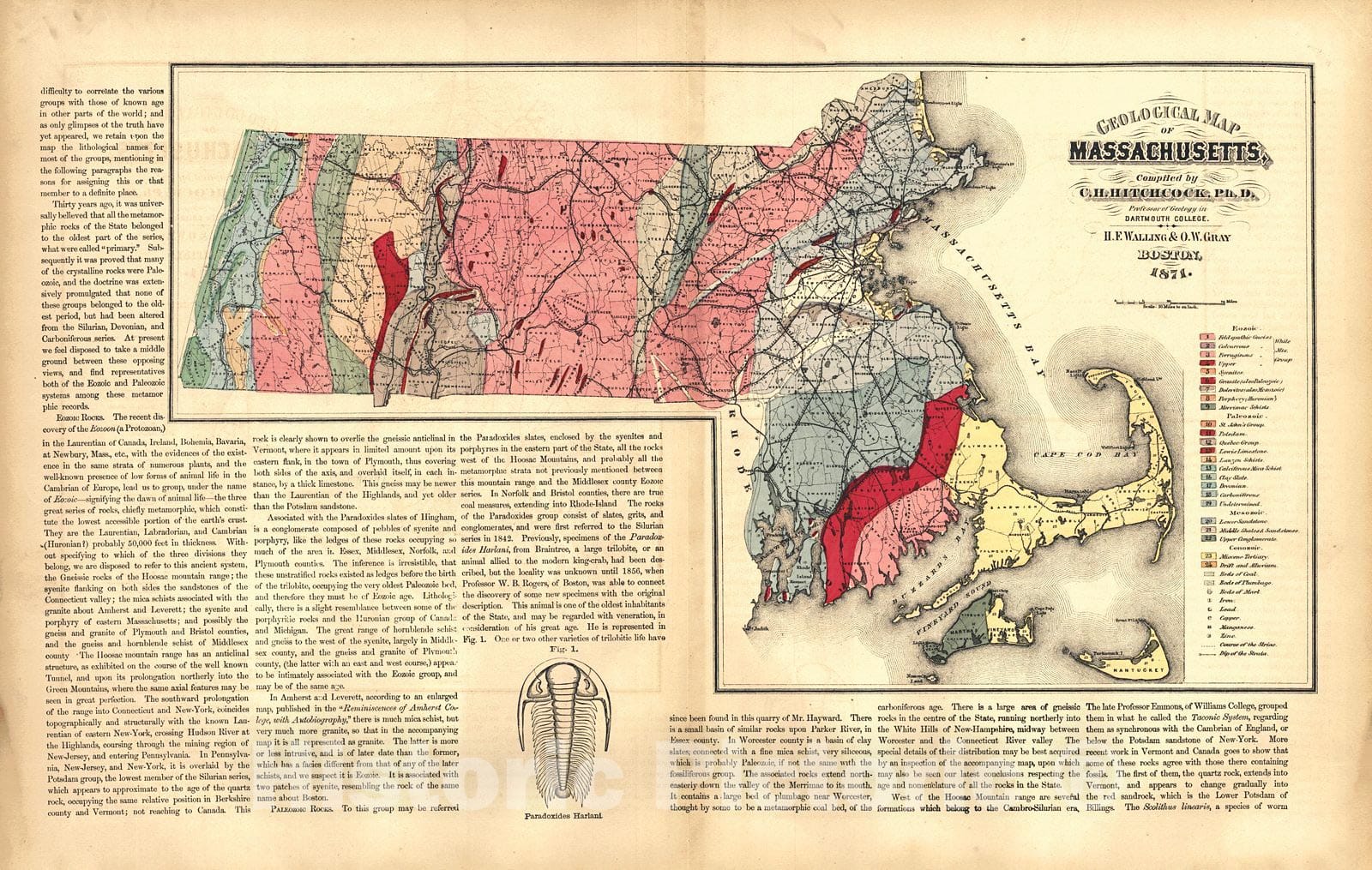 Historic Map : 1871 Geological Map of Massachusettes : Vintage Wall Art