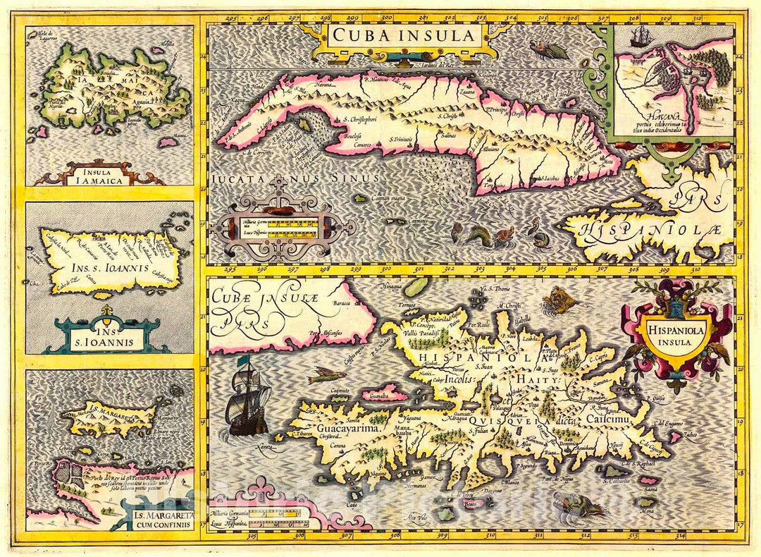 Historic Map : 1606 Cuba Insula, Hispaniola Insula : Vintage Wall Art