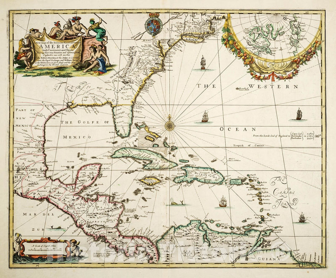 Historic Map : 1690 A New map of the English Plantations in America Showing their true situation and distance from England or one with another : Vintage Wall Art