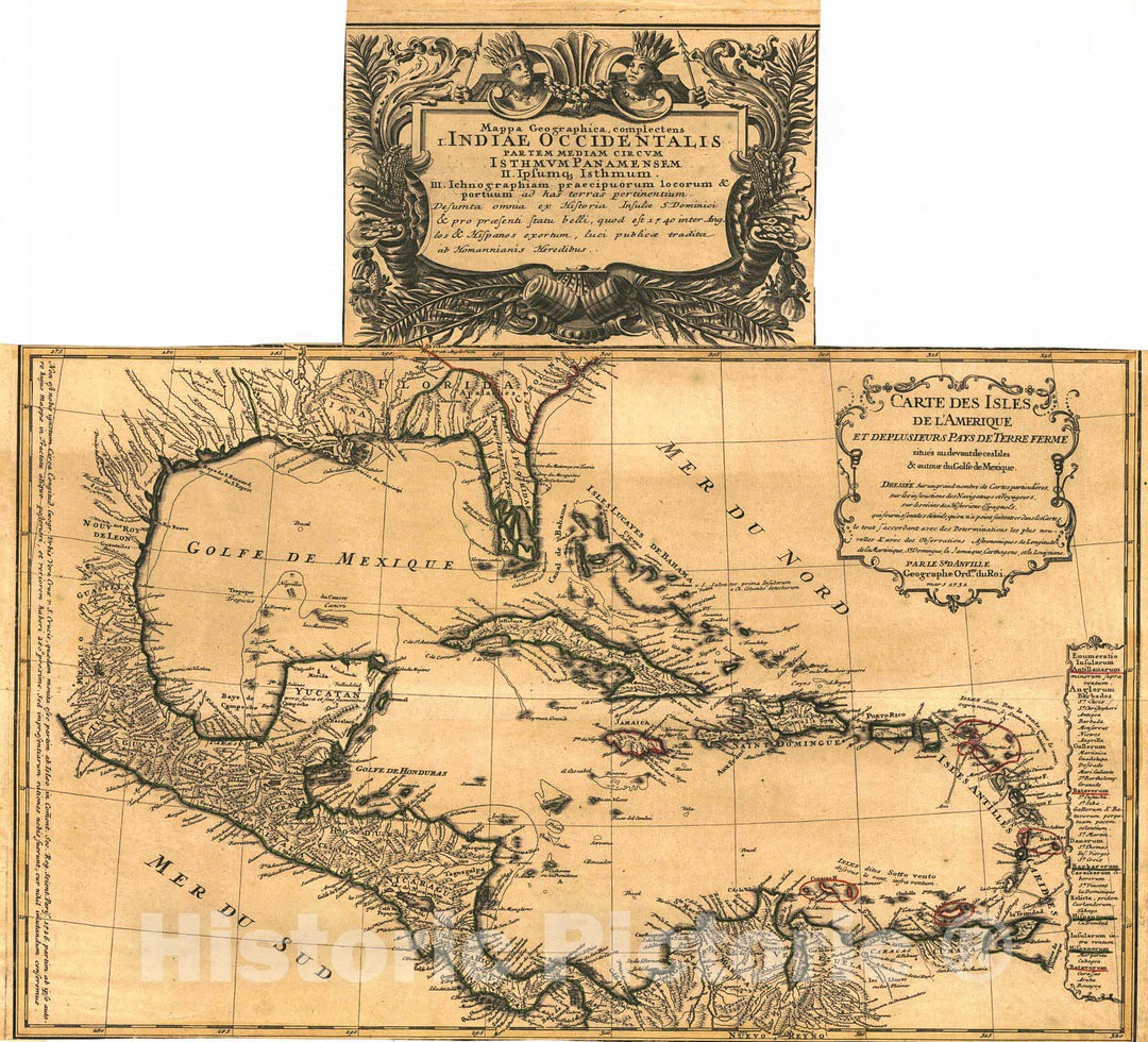 Historic Map : 1731 Carte des Isles de L'Amerique et Deplusieurs Pays de Terre Ferme situ&eacute;s au devant de ces Isles & autour du Golfe de Mexique : Vintage Wall Art