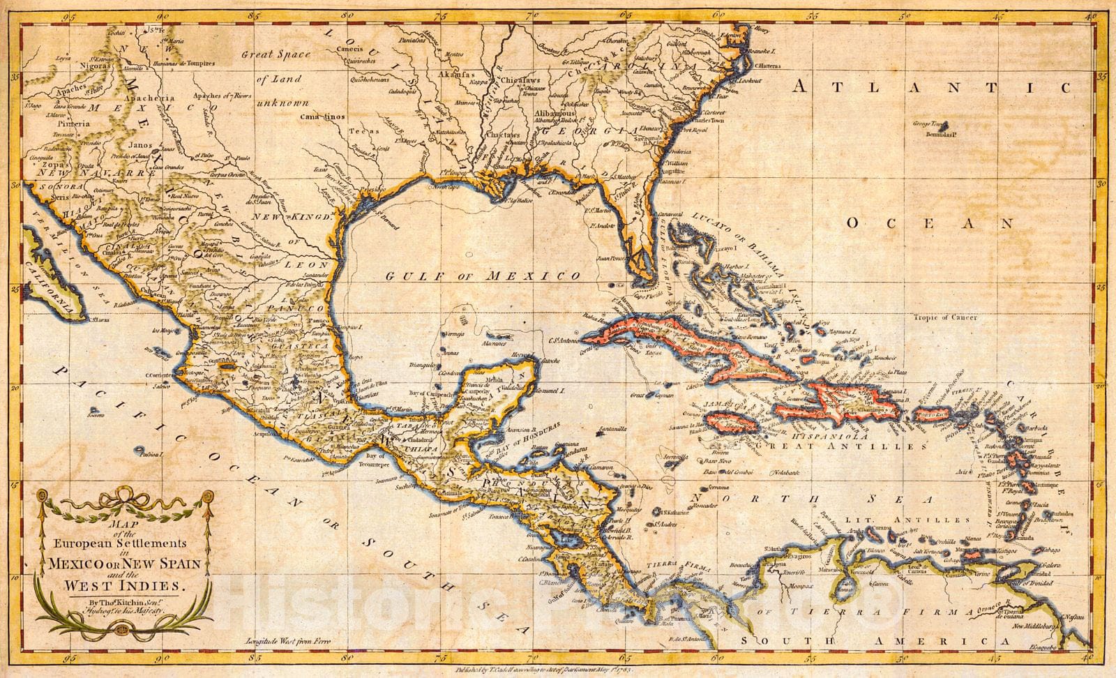 Historic Map : 1783 Map of the European Settlements in Mexico or New Spain and the West Indies : Vintage Wall Art