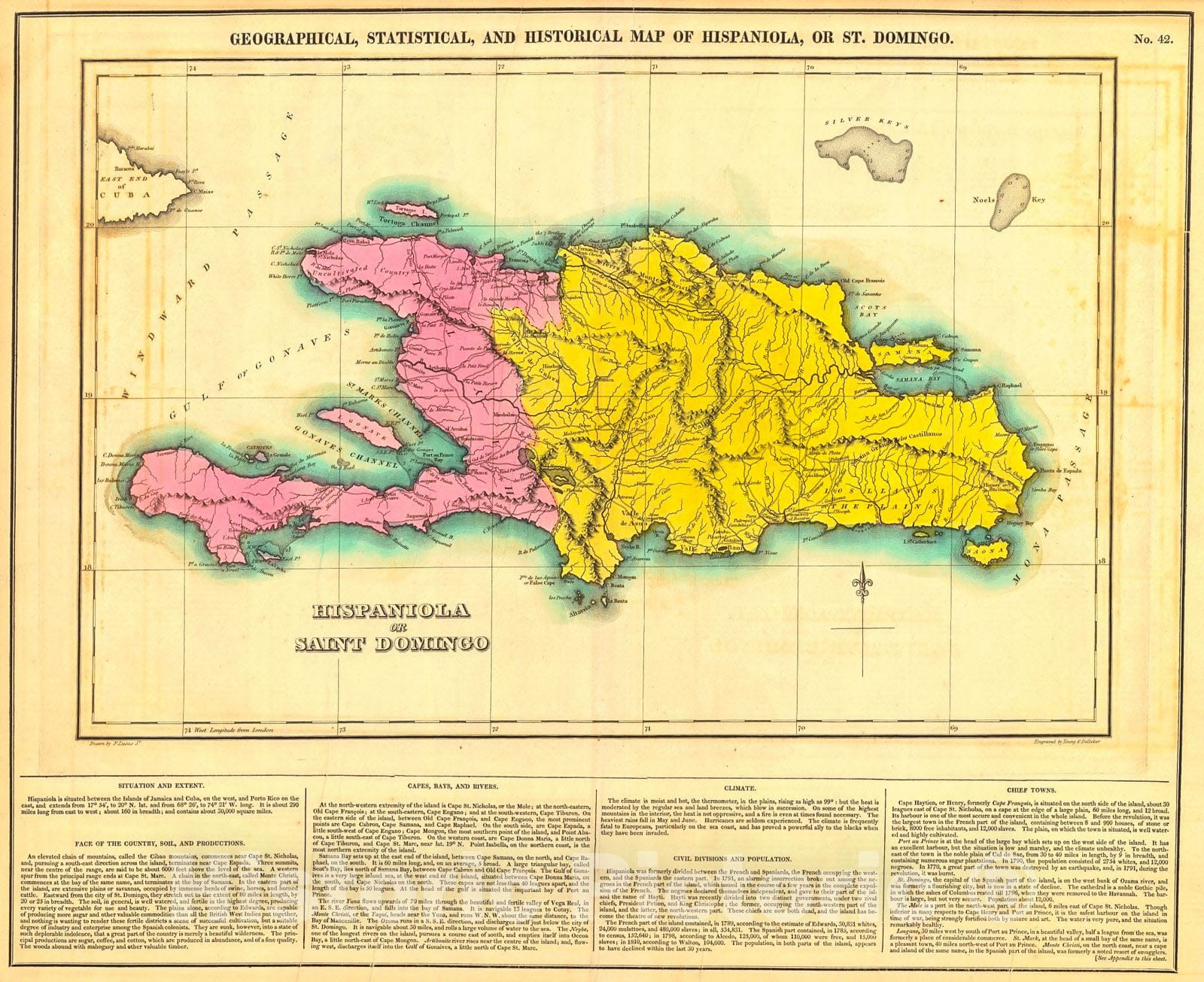 Historic Map : 1825 Geographical, Statistical, and Historical Map of Hispaniola, or St. Domingo : Vintage Wall Art