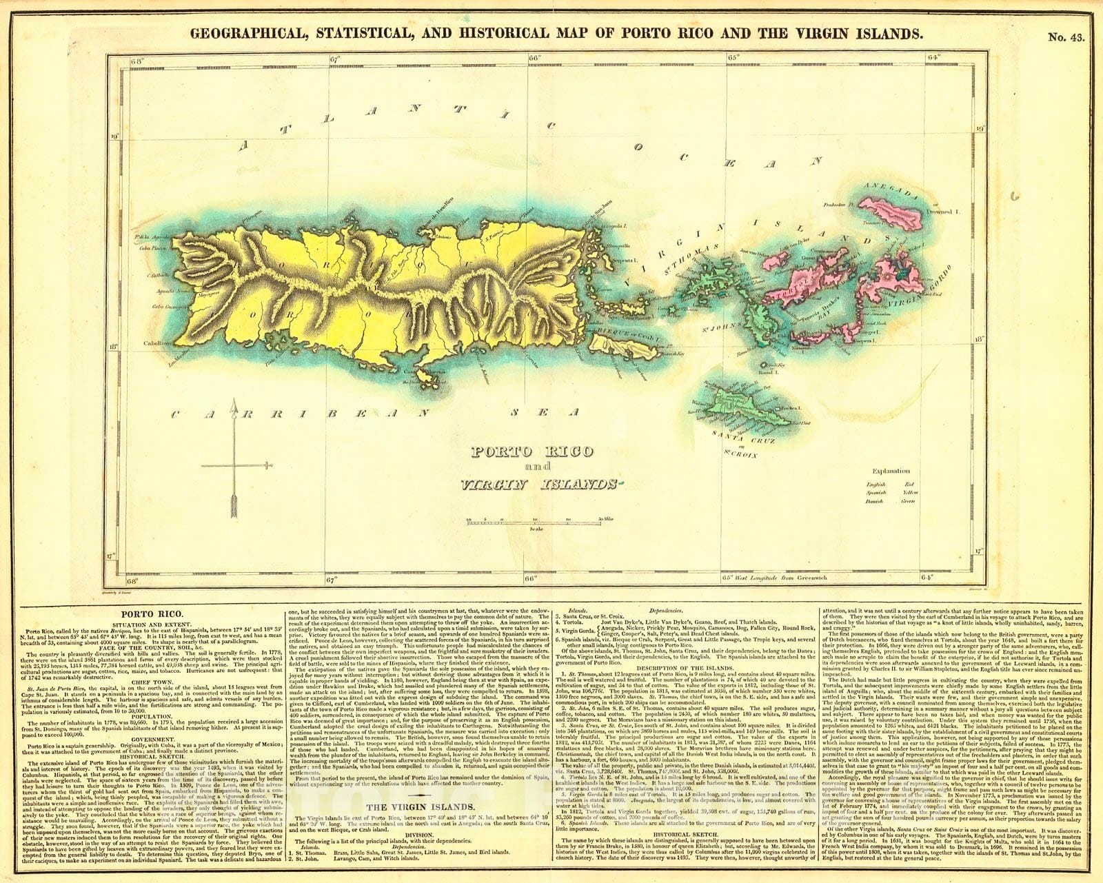 Historic Map : 1825 Geographical, Statistical, and Historical Map of Porto Pico and the Virgin Islands : Vintage Wall Art