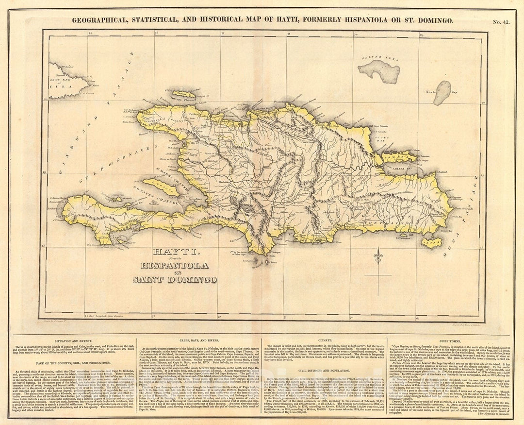 Historic Map : 1825 Geographical, Statistical, and Historical Map of Hayti, Formerly Hispaniola, or St. Domingo : Vintage Wall Art