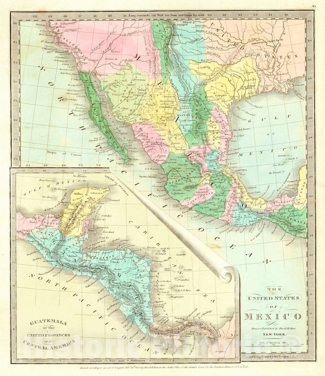 Historic Map : 1832 The United States of Mexico - Guatemala or the United Provinces of Central American : Vintage Wall Art