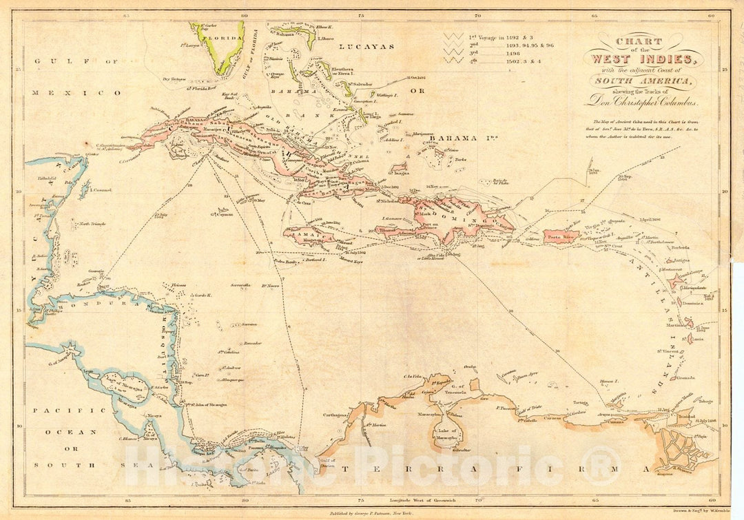 Historic Map : 1849 Chart of the West Indies with the Adjacent Coasts of South America, Showing the Tracts of Don Christopher Columbus  : Vintage Wall Art