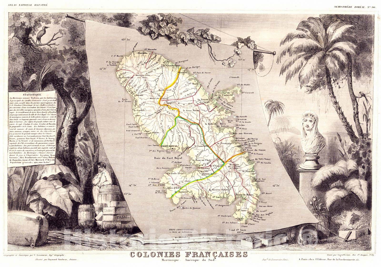 Historic Map : 1852 Colonies Francaises (Martinique, Amerique du Sud) : Vintage Wall Art