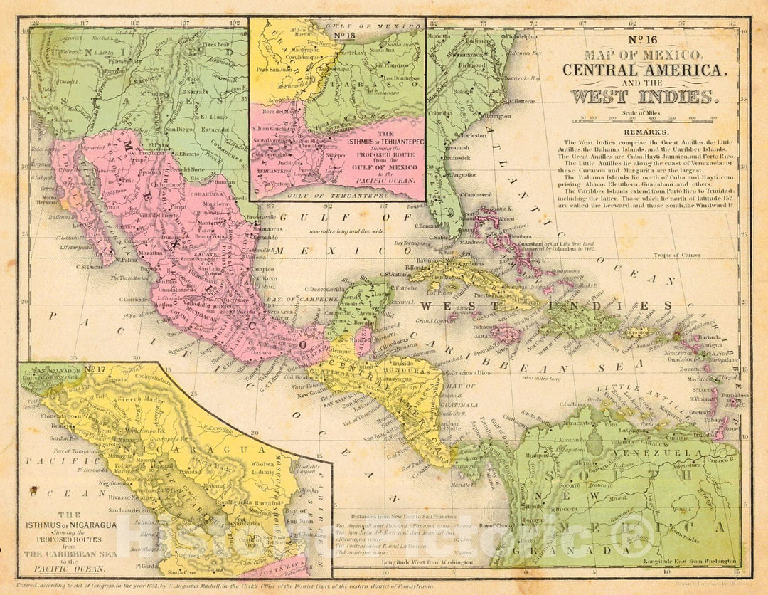 Historic Map : 1853 No. 16 Map of Mexico, Central America, and the West Indies : Vintage Wall Art