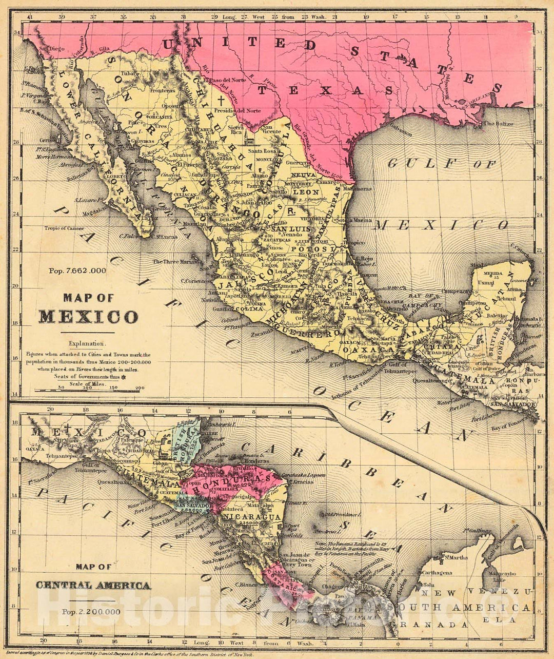 Historic Map : 1854 Map of Mexico - Map of Central America  : Vintage Wall Art