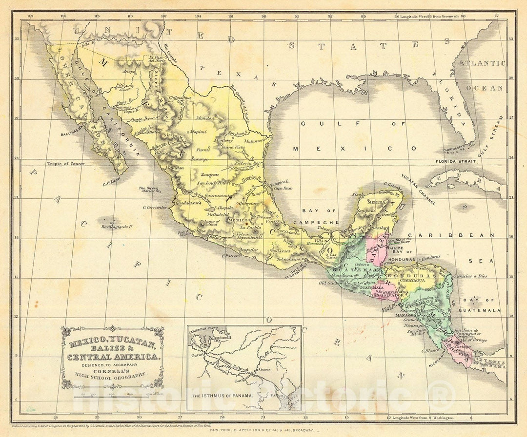 Historic Map : 1855 Mexico, Yucata, Balize & Central America  : Vintage Wall Art