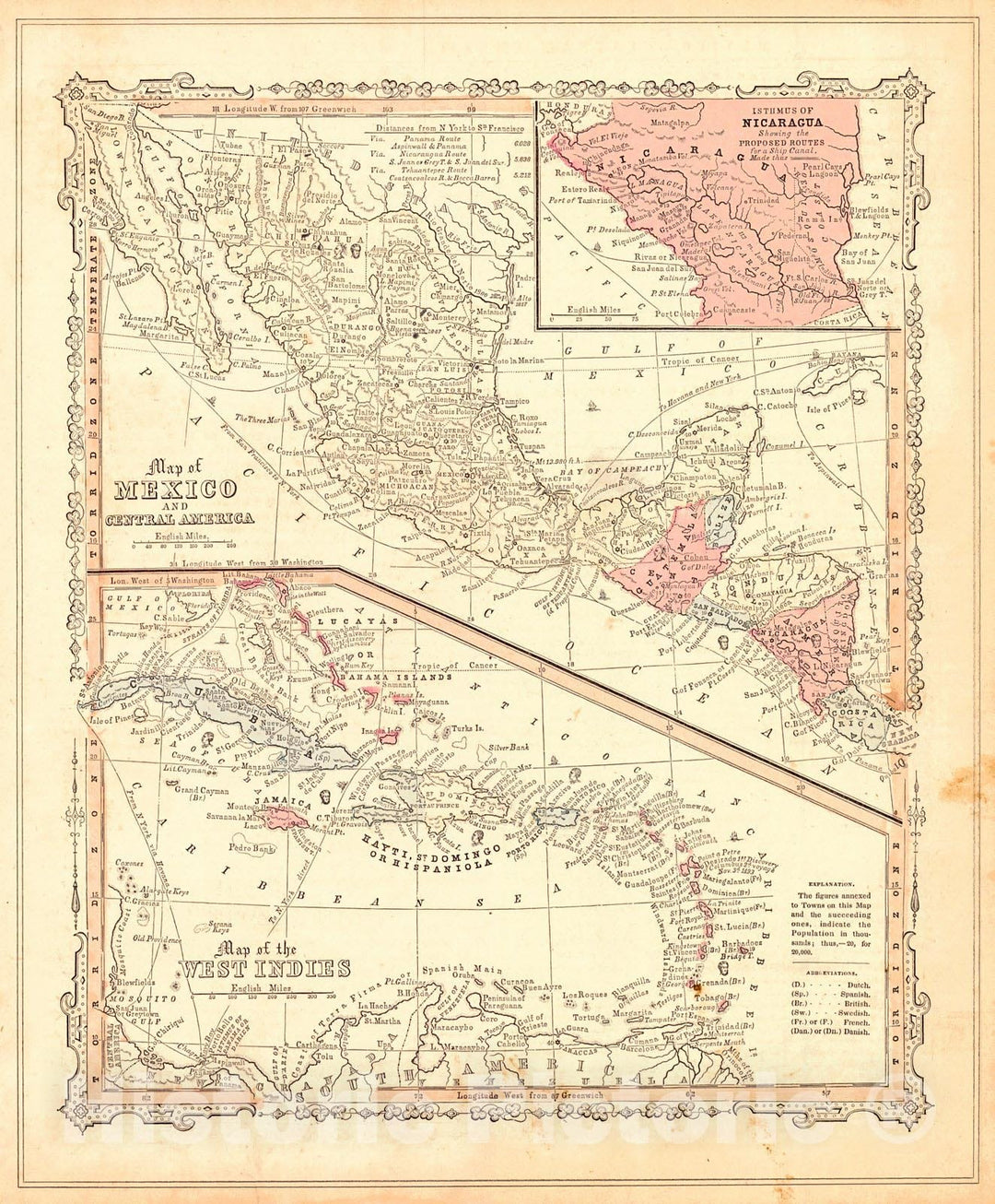 Historic Map : 1855 Map of Mexico and Central America - Map of the West Indies : Vintage Wall Art