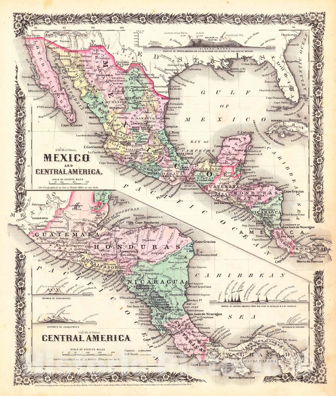 Historic Map : 1856 Mexico and Central America - Central America  : Vintage Wall Art