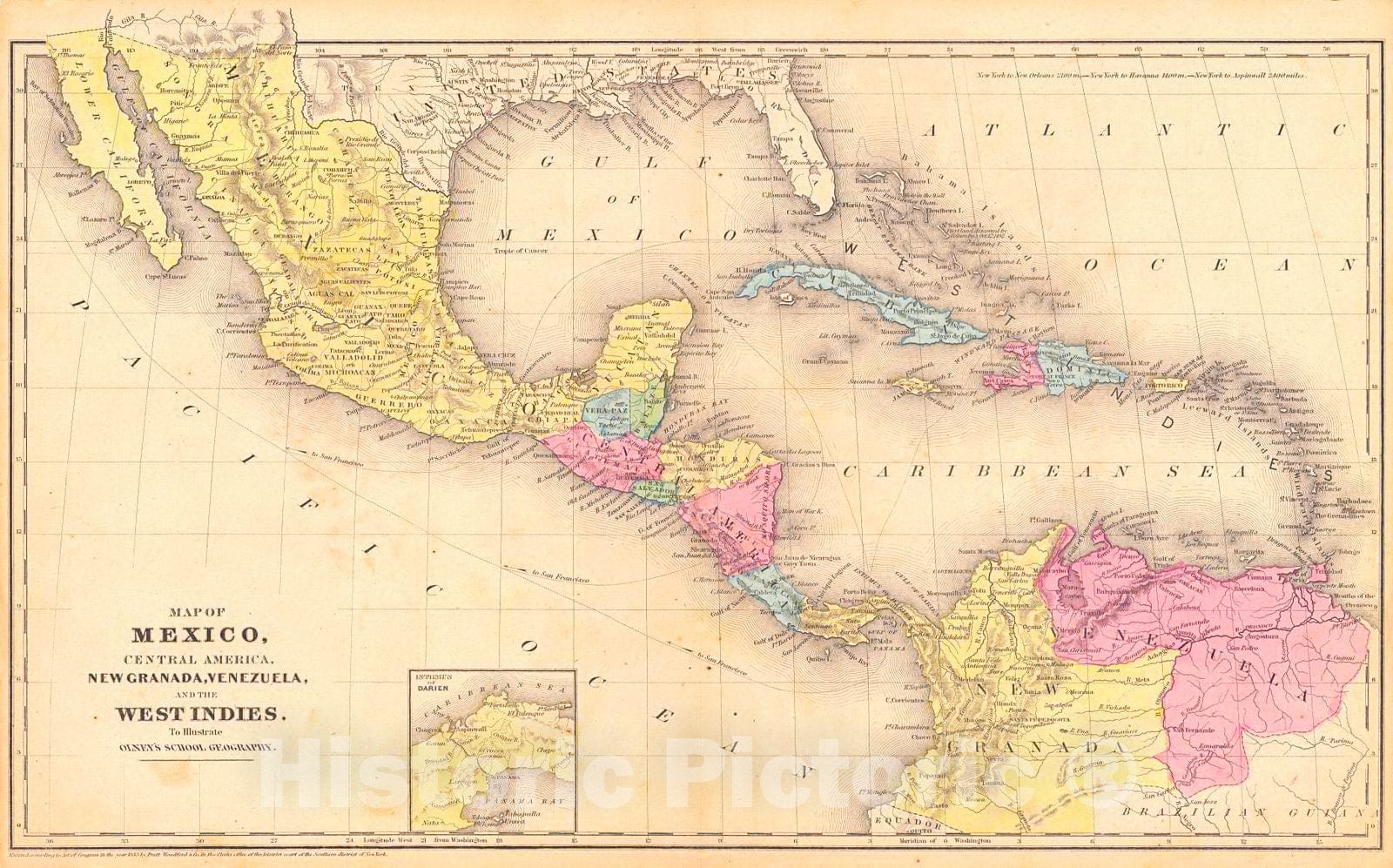 Historic Map : 1858 Map of Mexico, Central America, New Granada, Venezuela, and the West Indies : Vintage Wall Art