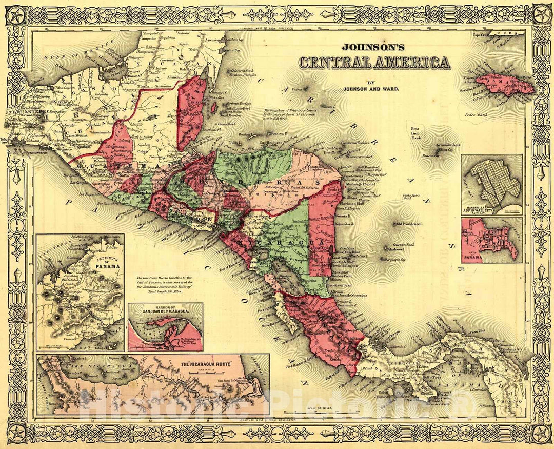 Historic Map : 1864 Johnson's Central America : Vintage Wall Art