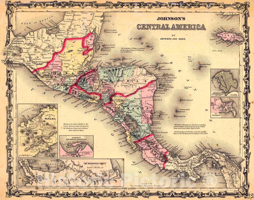 Historic Map : 1867 Johnson's Central America : Vintage Wall Art