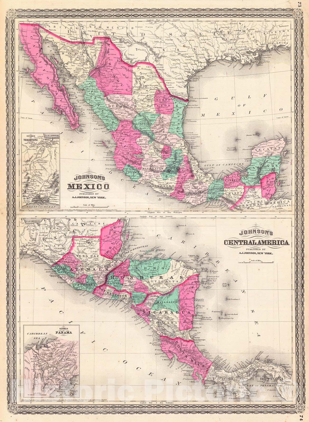 Historic Map : 1870 Johnson's Mexico - Johnson's Central America  : Vintage Wall Art