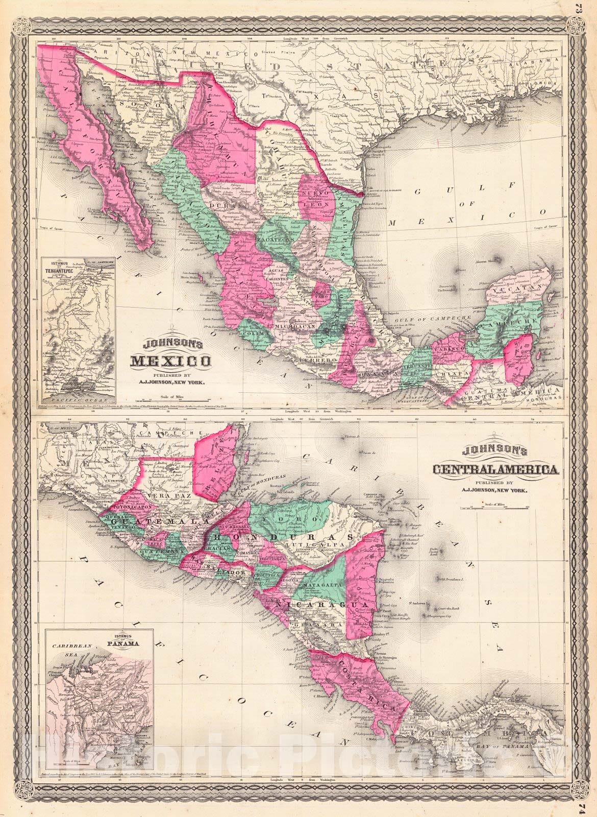 Historic Map : 1870 Johnson's Mexico - Johnson's Central America  : Vintage Wall Art