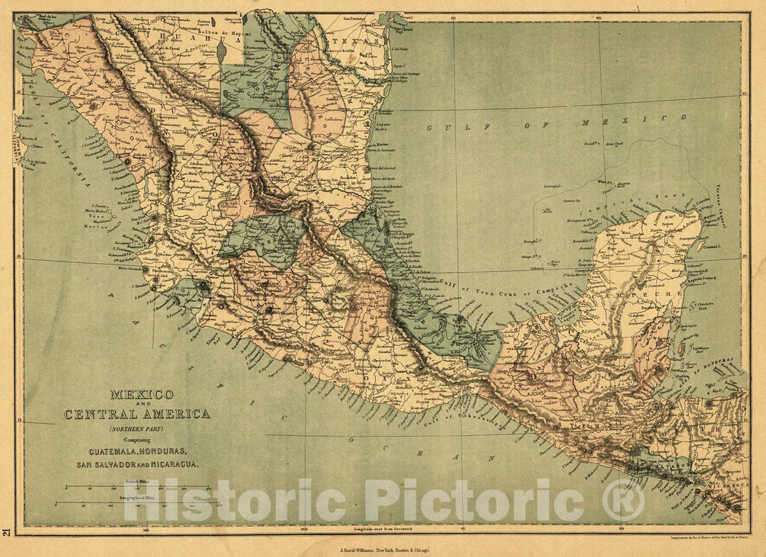 Historic Map : 1873 Mexico and Central America (Northern Part)  : Vintage Wall Art