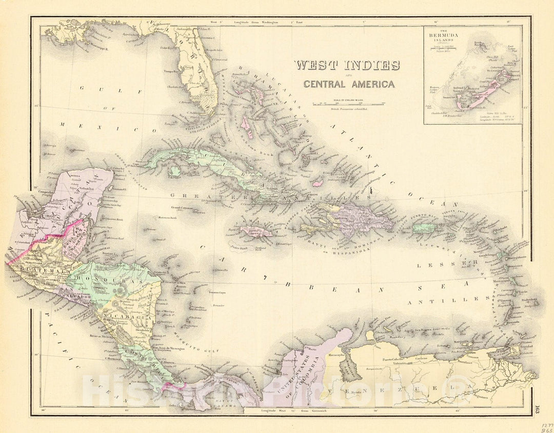 Historic Map : 1875 West Indies and Central America : Vintage Wall Art