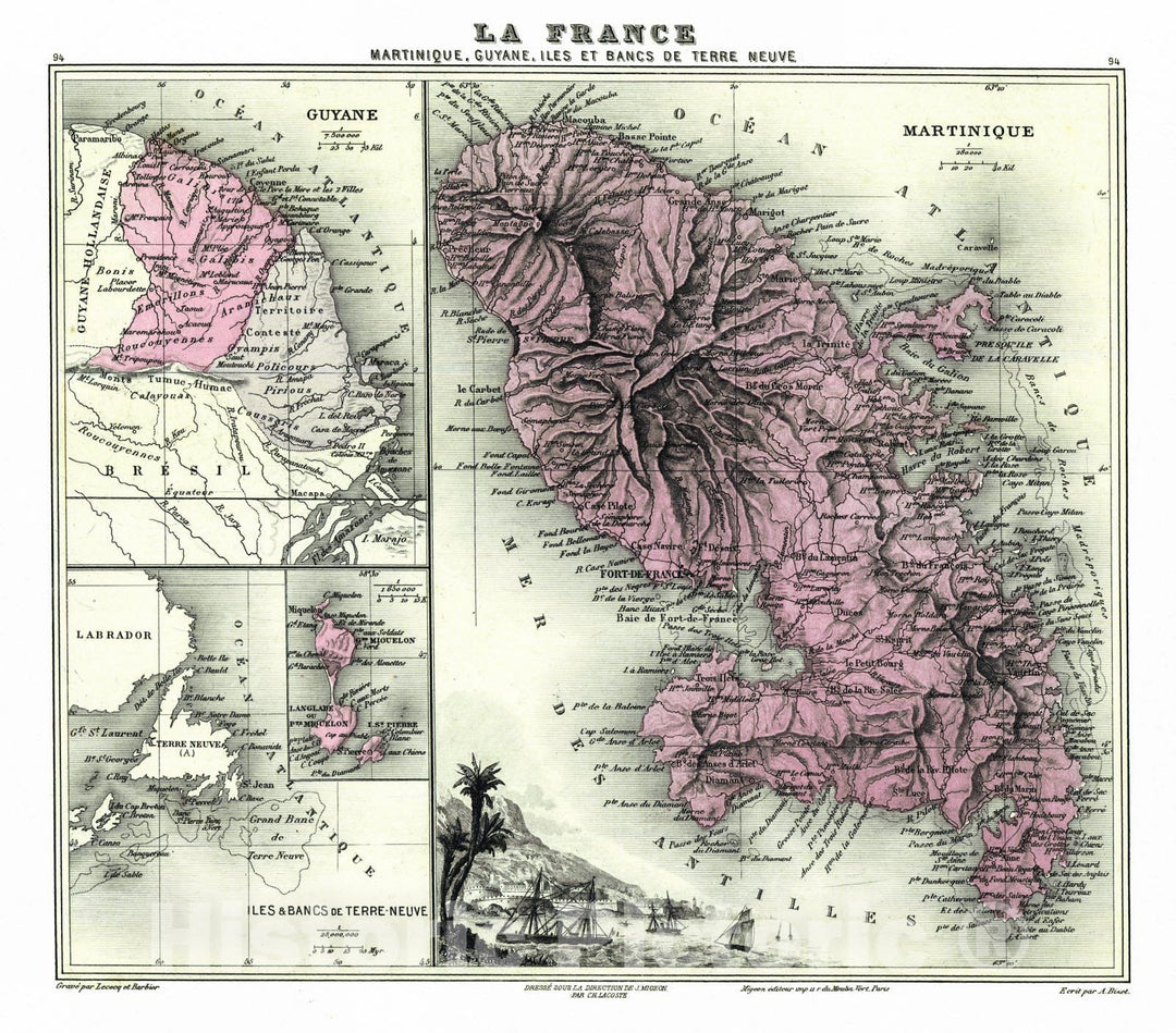 Historic Map : 1880 La France - Martinique, Guyane, Iles et Bancs de Terre Neuve : Vintage Wall Art