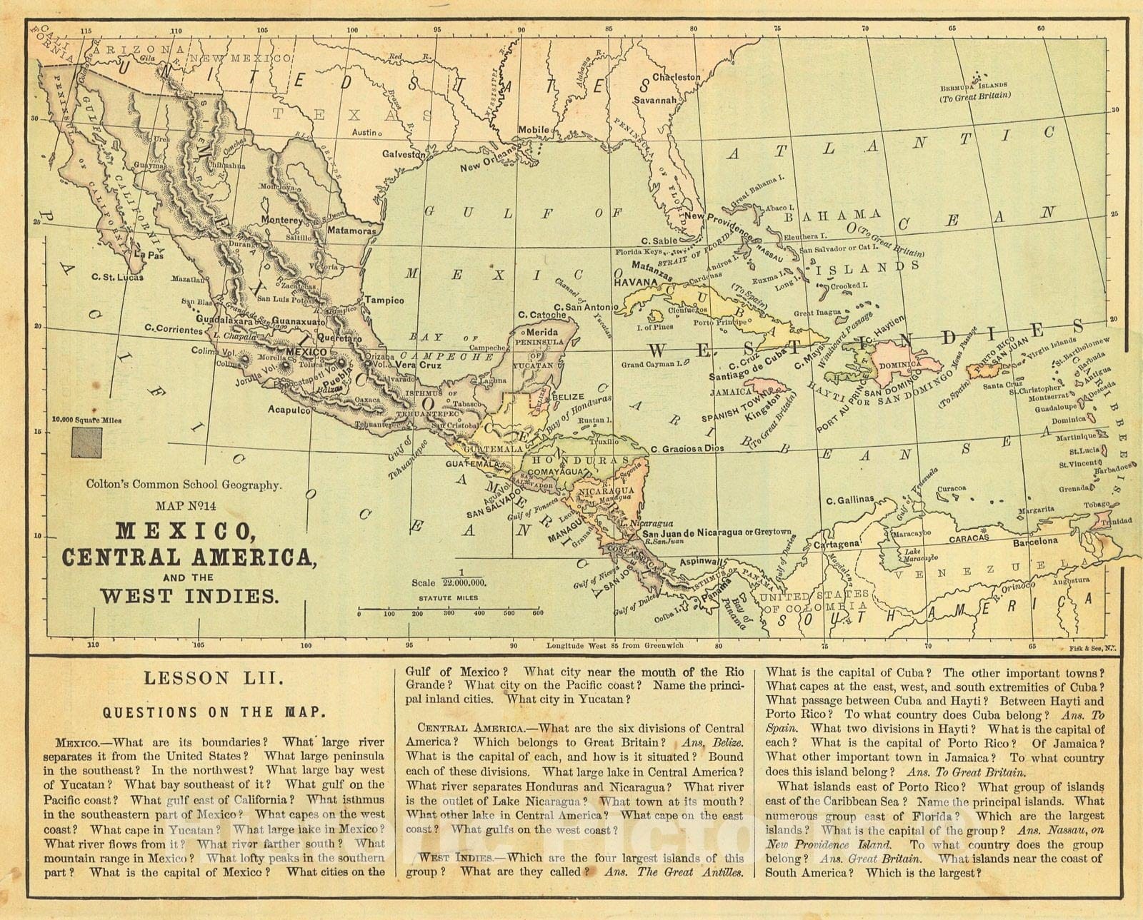 Historic Map : 1881 Map No. 14 Mexico, Central America, and the West Indies : Vintage Wall Art