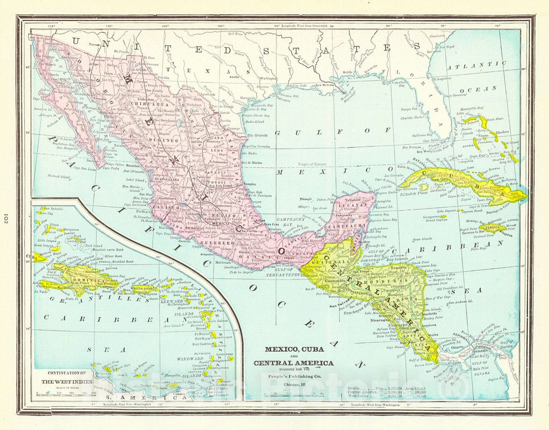 Historic Map : 1889 Mexico, Cuba and Central America : Vintage Wall Art