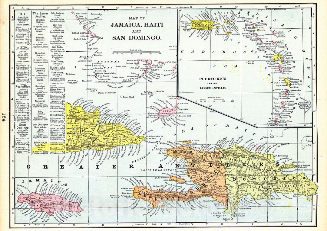 Historic Map : 1898 Map of Jamaica, Haiti and San Domingo & Puerto Rico and the lesser Antilles : Vintage Wall Art