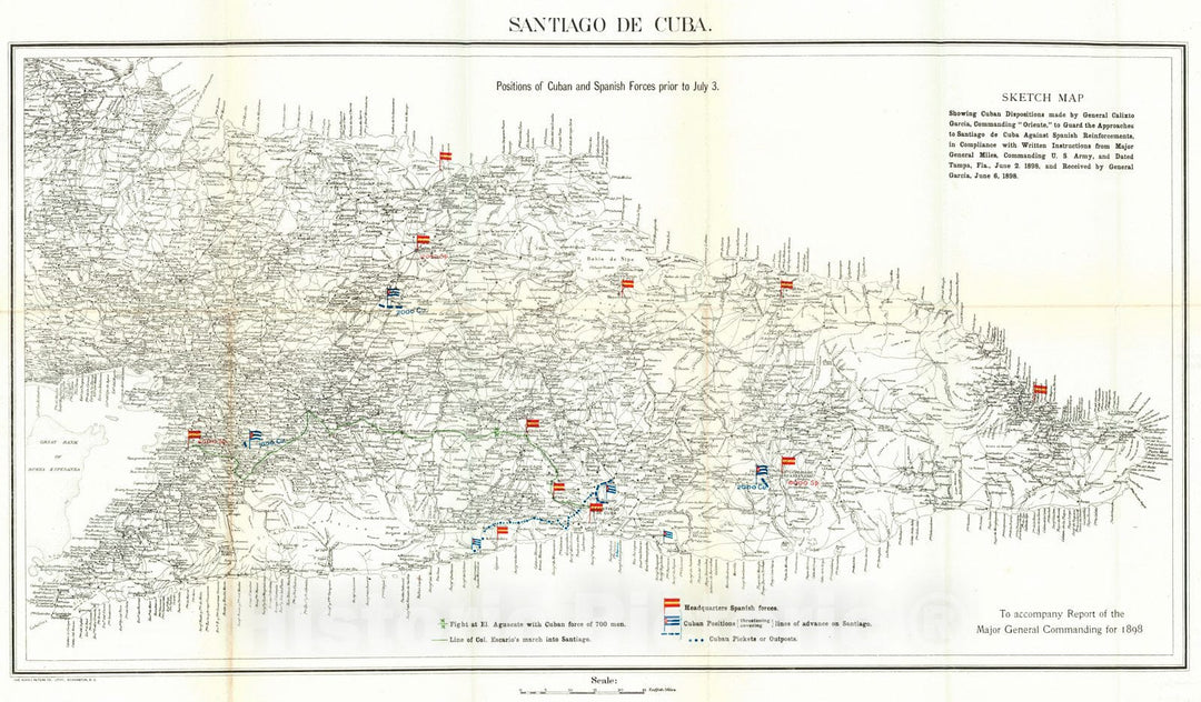 Historic Map : 1898 Santiago de Cuba - Position of Cuban and Spanish Forces Prior to July 3 : Vintage Wall Art