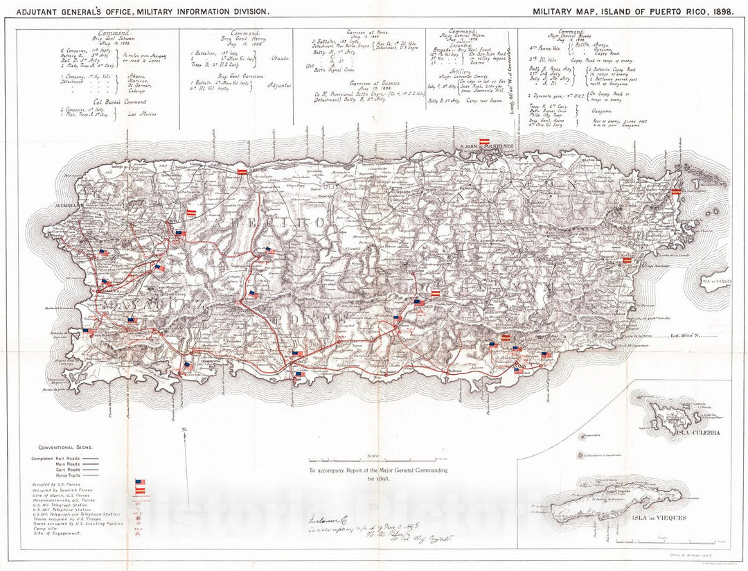 Historic Map : 1899 Military Map, Island of Puerto Rico, 1898 : Vintage Wall Art