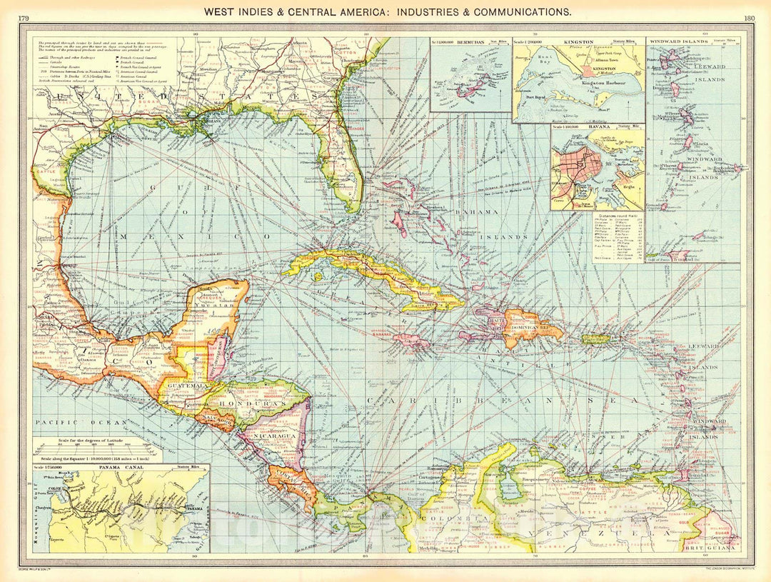 Historic Map : 1910 West Indies and Central America: Industries and Communications : Vintage Wall Art