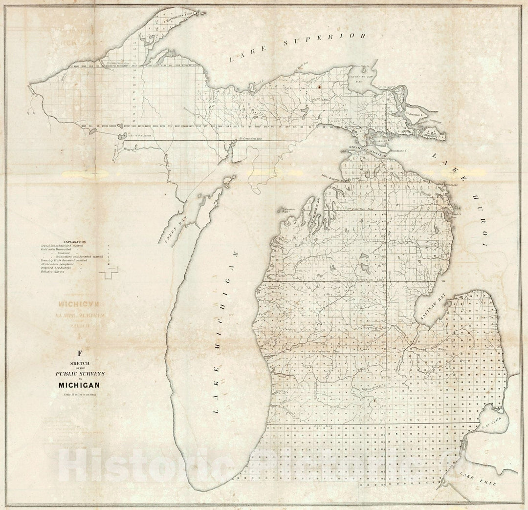 Historic Map : 1845 F-Sketch of the Public Surveys in Michigan : Vintage Wall Art