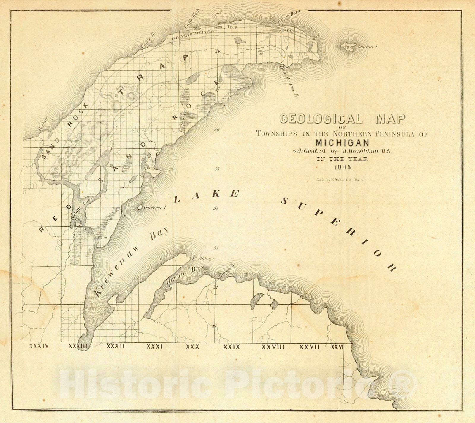 Historic Map : 1845 Geological Map of Townships in the Northern Peninsula of Michigan in the Year 1845 : Vintage Wall Art