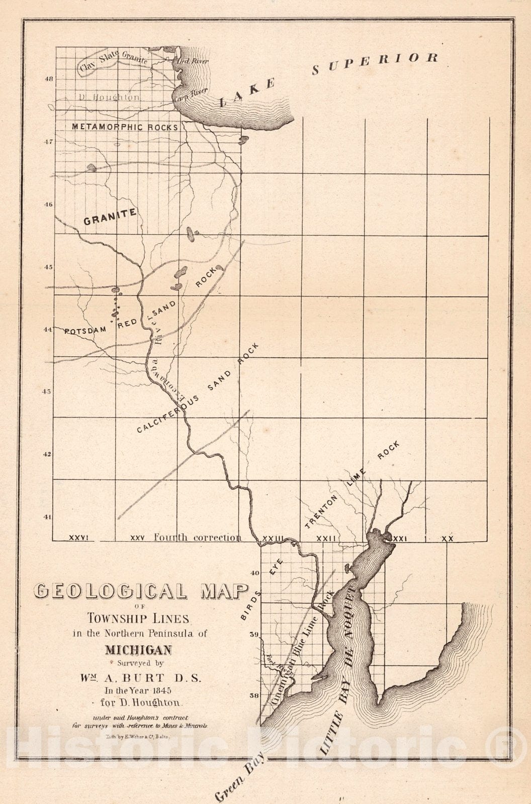 Historic Map : 1845 Geological Map of Township Lines in the Northern Peninsula of Michigan : Vintage Wall Art