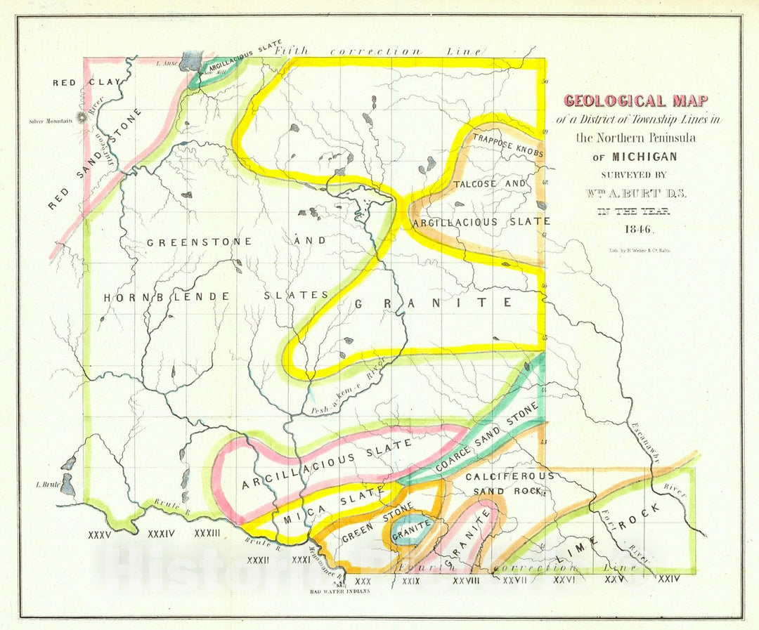 Historic Map : 1846 Geological Map of a District of Township Lines in the Northern Peninsula of Michigan : Vintage Wall Art