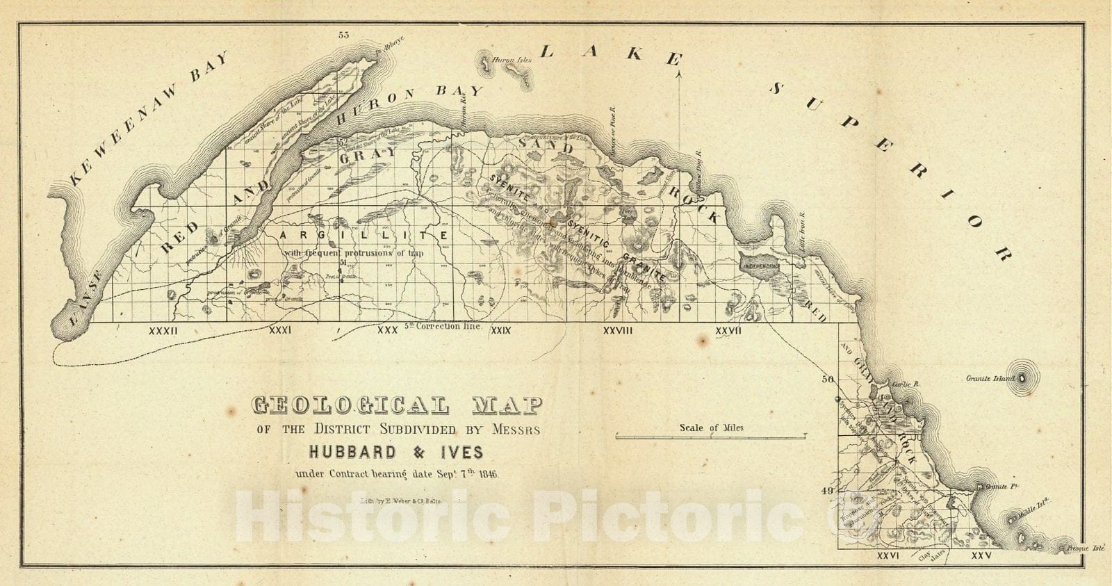 Historic Map : 1846 Geological Map of the District Subdivided by Messrs Hubbard and Ives : Vintage Wall Art