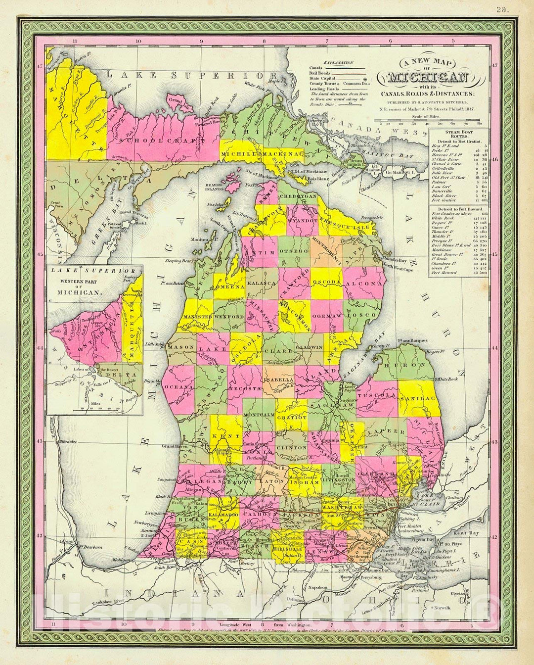 Historic Map : 1847 A New Map of Michigan with Its Canals, Roads, & Distances : Vintage Wall Art