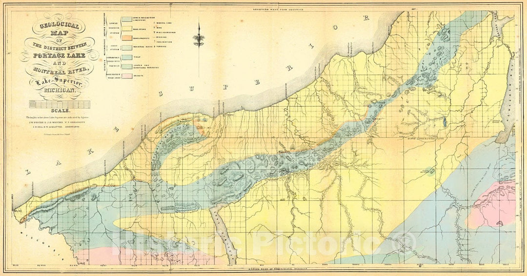 Historic Map : 1849 Geological Map of the District Between Portage Lake and Montreal River, Lake Surperior, Michigan : Vintage Wall Art