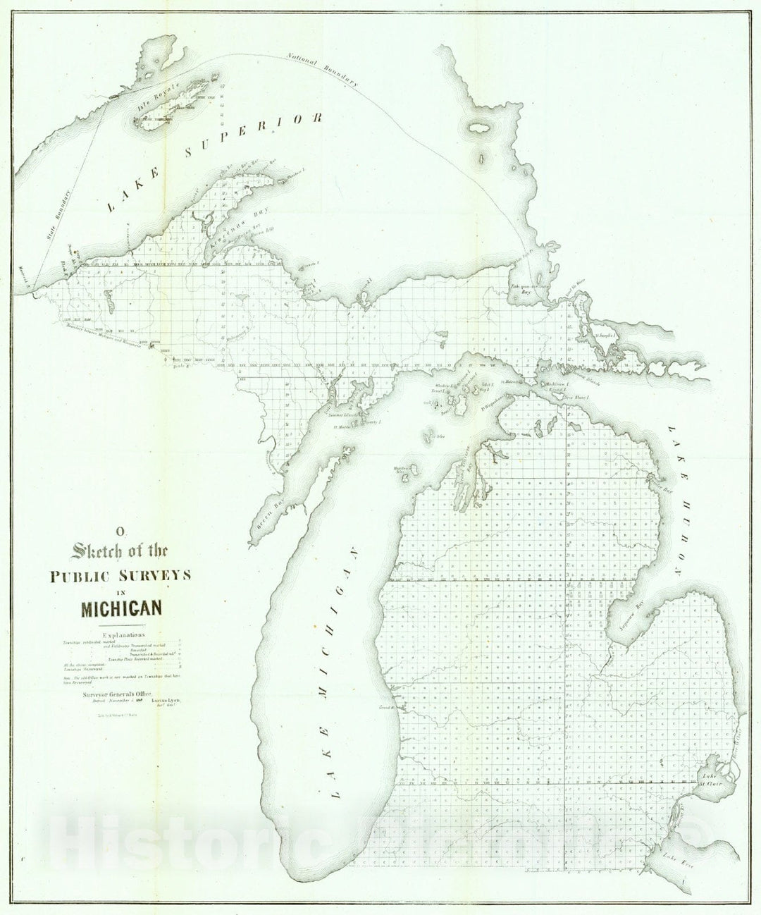 Historic Map : 1849 Sketch of the Public Survey in Michigan  : Vintage Wall Art