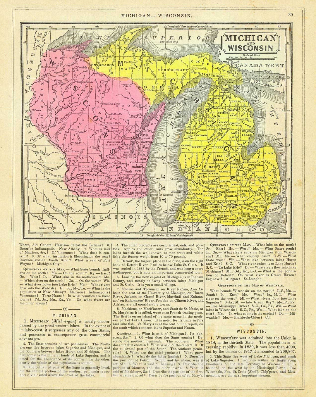 Historic Map : 1851 Michigan and Wisconsin : Vintage Wall Art