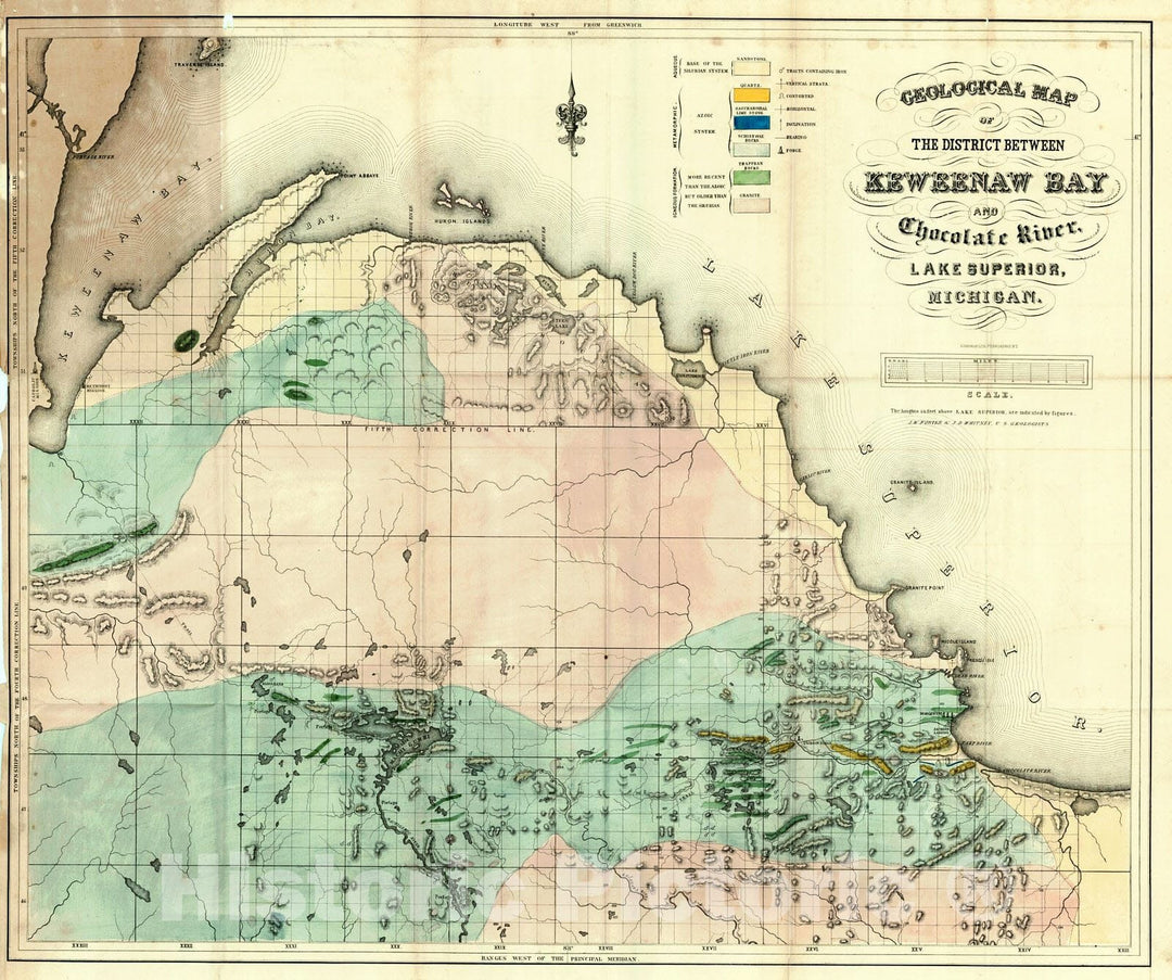 Historic Map : 1851 Geological Map of the District Between Keweenaw Bay and Chocolate River, Lake Superior, Michigan : Vintage Wall Art